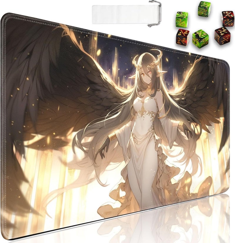 JVGFYNKL حصيرة لعب MTG + حقيبة سفر بسحاب + 6 نرد عداد، لحصائر ألعاب الورق أو وسادة ماوس كبيرة، مطاط مضاد للانزلاق 24 × 14 بوصة، حصيرة لعب TCG أنمي ملاك أنثوي - Image 1